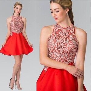 NWT GLS Apparel Elizabeth A-Line Short Jewel Neck Sleeveless Satin Red Dress XL